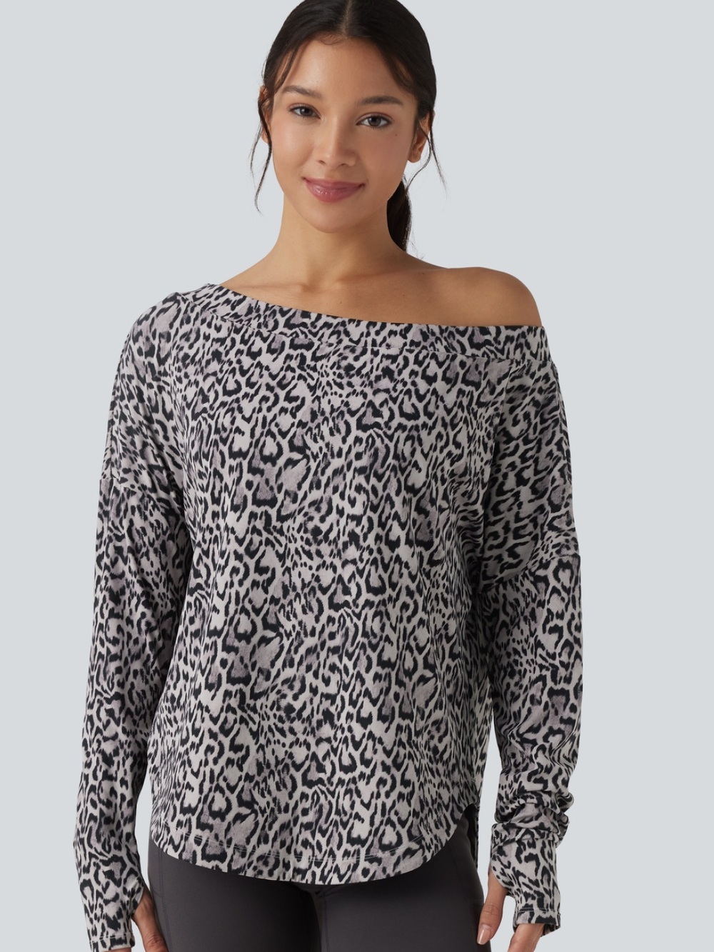 Halara Off-Shoulder Leopard Print Long-Sleeve Sweater - Gray